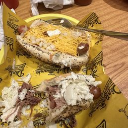 Slaw and brisket and chili dog. Sorry, ate half one before picture. Slaw and brisket and chili dog. Sorry, ate half one before picture.