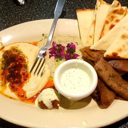 Gyro platter (#2) with hummus and babaganoush and one additional falafel.