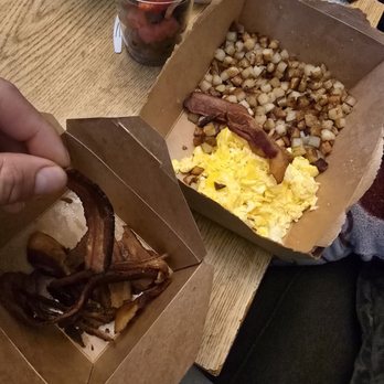 Blu Jam Cafe - Crispy French toast and a kids breakfast w side of bacon. Kid won't eat oil soaked eggs and potato, burnt bacon - Breakfast & Brunch Near Me - Los Angeles, California