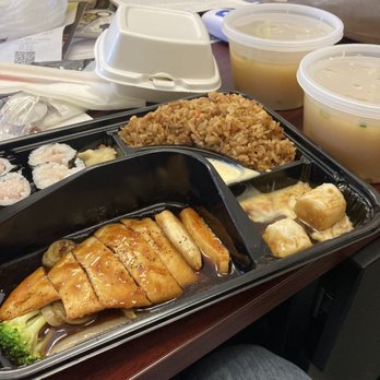 Miyabi Sushi - Teriyaki, yellowtail sushi, shumai, fried rice, soup, and the salad is in the box. - Sushi Bars Near Me - Richmond, Virginia Miyabi Sushi - Teriyaki, yellowtail sushi, shumai, fried rice, soup, and the salad is in the box. - Sushi Bars Near Me - Richmond, Virginia