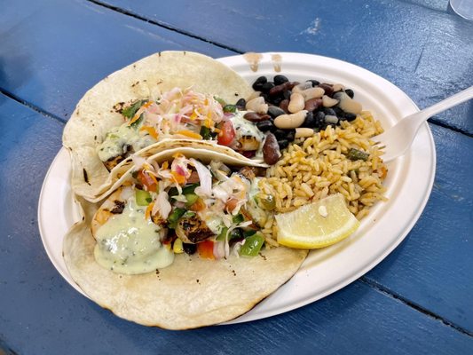 Photo of Native Cape Cod Seafood - Provincetown, MA, US. "Shrimp Tacos" (with rice and beans)