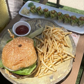 Bel-Aire Backyard - Green Goddess Roll & Vegan Burger with Fries - New American Near Me - Las Vegas, Nevada Bel-Aire Backyard - Green Goddess Roll & Vegan Burger with Fries - New American Near Me - Las Vegas, Nevada