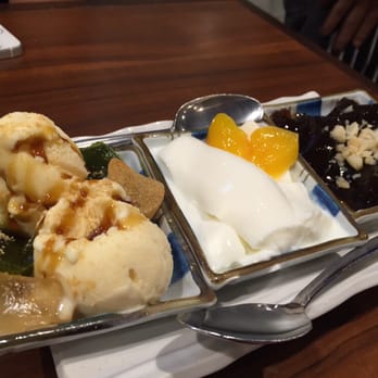 Wagaya - Dessert trio, kinako mochi ice cream, almond pudding, coffee jelly - Ramen Near Me - Honolulu, Hawaii