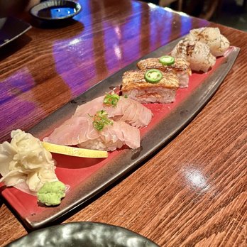 Sushi Den - From left to right: Bincho-Toro, seared sockeye salmon, seared scallops - Japanese Near Me - Denver, Colorado