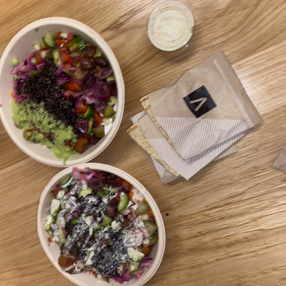 CAVA - All veggie bowl (top), chicken & falafel bowl (bottom) - Mediterranean Near Me - Santa Monica, California CAVA - All veggie bowl (top), chicken & falafel bowl (bottom) - Mediterranean Near Me - Santa Monica, California