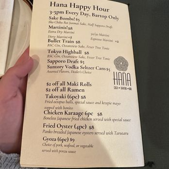 Hana - Happy hour menu - Japanese Near Me - Baltimore, Maryland