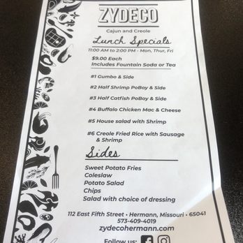 Zydeco - Lunch Special Menu - Cajun/Creole Near Me - Hermann, Missouri