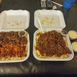The hubby's chicken and beef combo w/fried rice on the left and my spicy beef w/fried rice on the right w/crack dressing to the right.