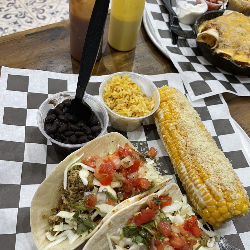 Taco Station - Pork taco platter with beans rice and corn. - Mexican Near Me - Pompano Beach, Florida Taco Station - Pork taco platter with beans rice and corn. - Mexican Near Me - Pompano Beach, Florida