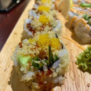 Tsui Sushi Bar - Golden Lobster Roll: tempura lobster, avocado, cucumber, tempura crunch, golden tobiko with mayo & soy glaze - Sushi Bars Near Me - Seattle, Washington Tsui Sushi Bar - Golden Lobster Roll: tempura lobster, avocado, cucumber, tempura crunch, golden tobiko with mayo & soy glaze - Sushi Bars Near Me - Seattle, Washington