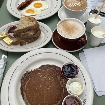 Haute Cakes Caffe - Pancake combo (upgraded to buckwheat) + side of toast, chai latte and mocha latte - Breakfast & Brunch Near Me - Newport Beach, California