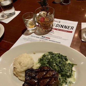 Black Angus Steakhouse - 6 oz. Filet Mignon, Creamed Spinach and Mashed Potatoes paired with "New" Old Fashioned - Steakhouses Near Me - Temecula, California