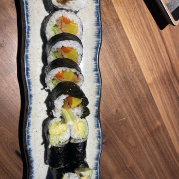 Sushi Tsunami - Asparagus/Avocado roll ( small one) and The other one is another Veg roll with Tofu skin, carrot, daikon, carrot, cucumber - Sushi Bars Near Me - Fairfield, California Sushi Tsunami - Asparagus/Avocado roll ( small one) and The other one is another Veg roll with Tofu skin, carrot, daikon, carrot, cucumber - Sushi Bars Near Me - Fairfield, California