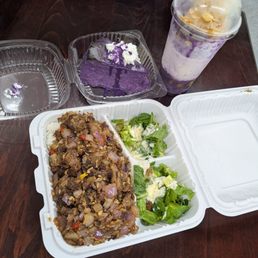 Sisig, ube cheese cake, and halo halo Sisig, ube cheese cake, and halo halo