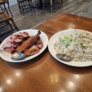 N’Joy Cafe - The delicacy bbq platter (left) and the salted fish and chicken fried rice - Chinese Near Me - Elk Grove, California