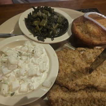 Lambert's Cafe - Porkchops with potato salad & turnip greens - Seafood Near Me - Foley, Alabama Lambert's Cafe - Porkchops with potato salad & turnip greens - Seafood Near Me - Foley, Alabama