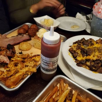 Center Street Smoke House - 3 meat combo and Ma's Mac dinner with brisket add-on - Barbeque Near Me - Batavia, New York