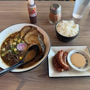 Monsta Ramen - Black Garlic Tonkotsu Ramen. Kurobata sausage with a side of rice. - Japanese Curry Near Me - San Diego, California Monsta Ramen - Black Garlic Tonkotsu Ramen. Kurobata sausage with a side of rice. - Japanese Curry Near Me - San Diego, California