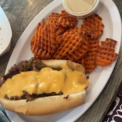 T's Time Out - Philly cheese steak sandwich with sweet potato fries and cinnamon dipping sauce