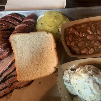 Dee Willie’s BBQ  - 2 meat plate: sausage and brisket, beans, baked Bake Potato Salad. - Barbeque Near Me - San Antonio, Texas