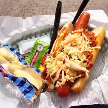 Refreshment Corner - Pulled pork hot dog with a side of apple slices instead of chips ($8.50) - Food Stands Near Me - Anaheim, California