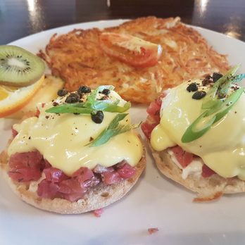 Delphi Brunch Cafe - Cured salmon benedict with hash brown. - Breakfast & Brunch Near Me - Langley, British Columbia