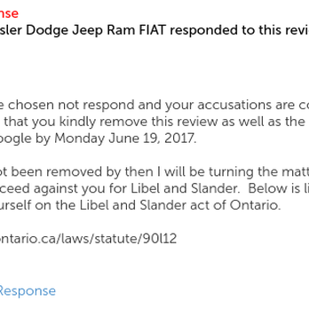 Islington Chrysler FIAT - They don't like poor reviews are willing to threaten legal action. - Car Dealers Near Me - Toronto, Ontario Islington Chrysler FIAT - They don't like poor reviews are willing to threaten legal action. - Car Dealers Near Me - Toronto, Ontario