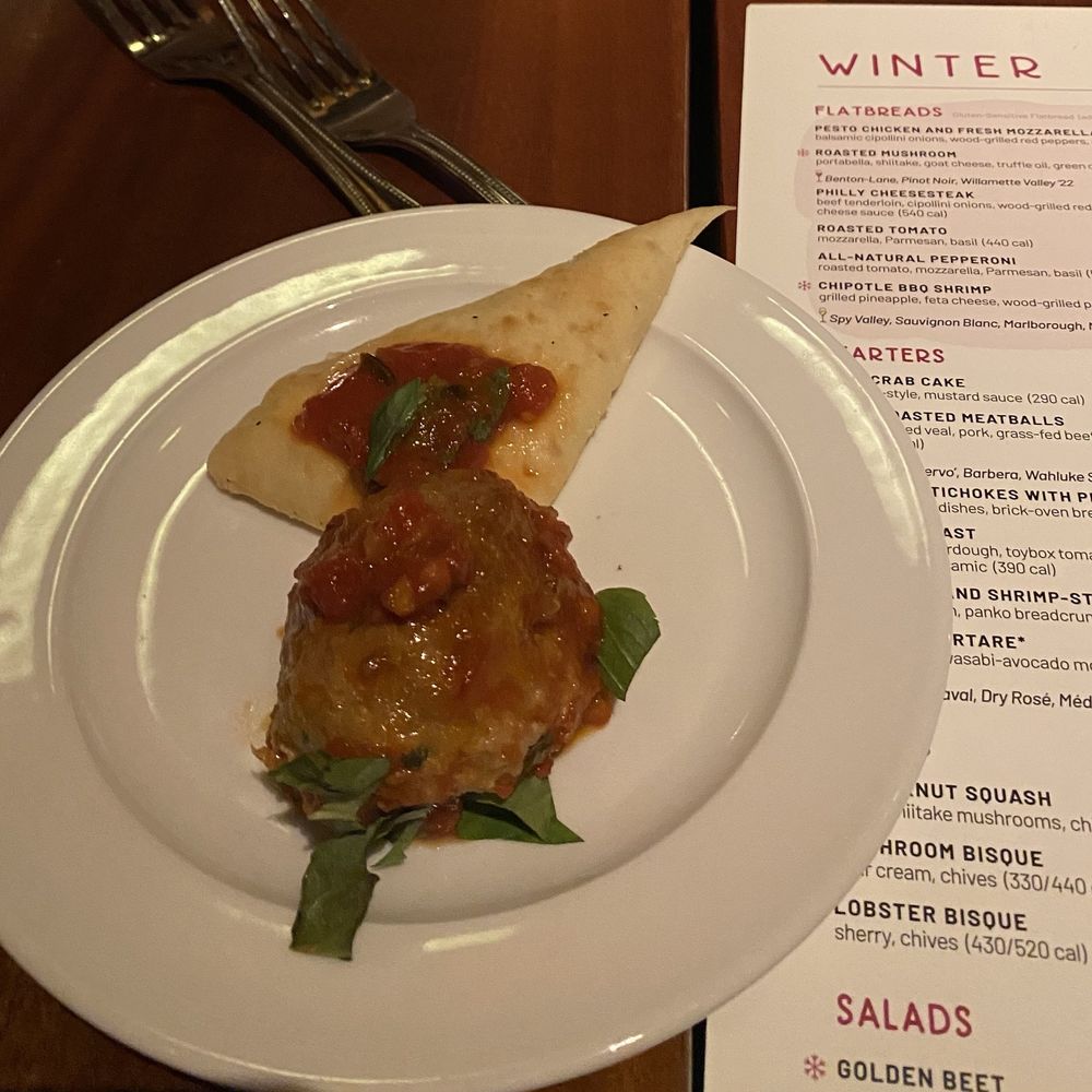 Seasons 52 - Meatball... the appetizer comes with three. They are larger than a golfball - New American Near Me - Houston, Texas Seasons 52 - Meatball... the appetizer comes with three. They are larger than a golfball - New American Near Me - Houston, Texas