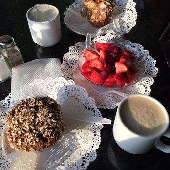 Villa Nueva Bakery Cafe - All-bran muffin, nonfat latte, bowl of strawberries, spiced chai latte, and berry muffin. Everything was delicious! - Bakeries Near Me - Coronado, California