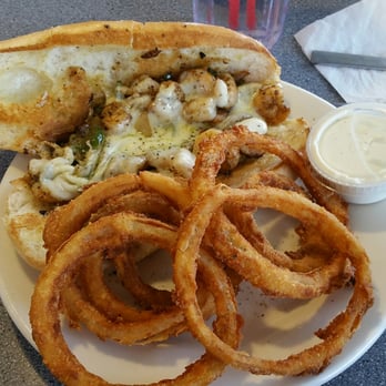 Big Time Diner - Shrimp Philly (grilled woth green peppers and onion and provolone cheese) and onion rings - American Near Me - Mobile, Alabama Big Time Diner - Shrimp Philly (grilled woth green peppers and onion and provolone cheese) and onion rings - American Near Me - Mobile, Alabama