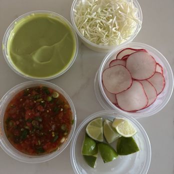 Sonoratown - salsas  love the thinly sliced cabbage, radish and lime quarters - Mexican Near Me - Los Angeles, California