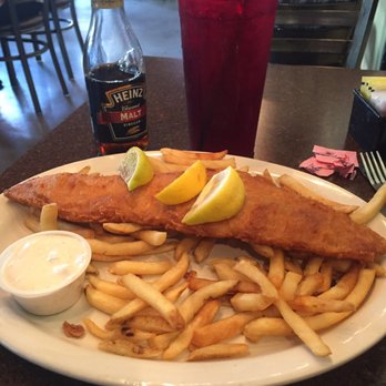 Press Box Grill - Fish and chips w/ malt vinegar!!! You have to!! - Sports Bars Near Me - Dallas, Texas Press Box Grill - Fish and chips w/ malt vinegar!!! You have to!! - Sports Bars Near Me - Dallas, Texas
