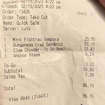 Barbara's Fishtrap - Receipt - Seafood Near Me - Half Moon Bay, California Barbara's Fishtrap - Receipt - Seafood Near Me - Half Moon Bay, California
