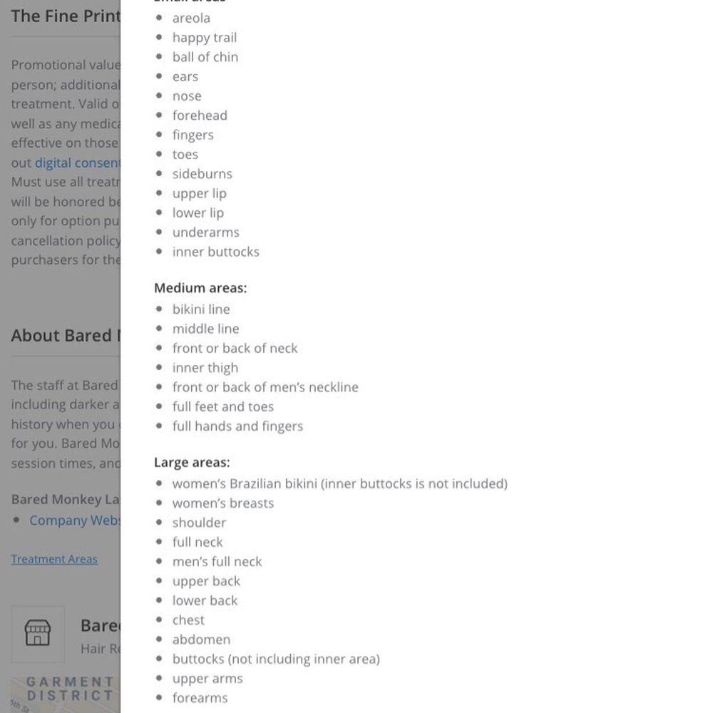 Bared Monkey Laser Spa - Screenshot of Groupon treatment areas and large areas clearly indicates "abdomen" - Laser Hair Removal Near Me - New York, New York Bared Monkey Laser Spa - Screenshot of Groupon treatment areas and large areas clearly indicates "abdomen" - Laser Hair Removal Near Me - New York, New York