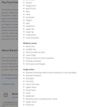 Bared Monkey Laser Spa - Screenshot of Groupon treatment areas and large areas clearly indicates "abdomen" - Laser Hair Removal Near Me - New York, New York