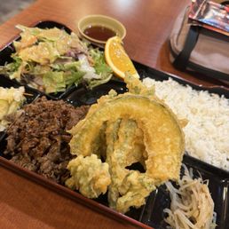 Beef teriyaki and vegetable tempura bento box Beef teriyaki and vegetable tempura bento box