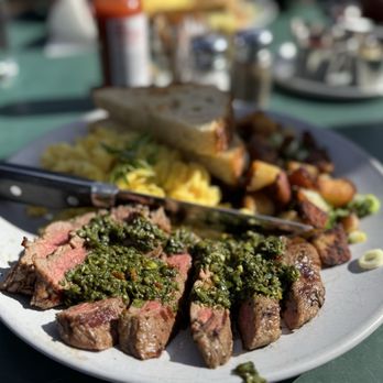 Giaco's Valley Roadhouse - Steak and eggs for brunch with Chimichurri sauce and Firebrand sourdough toast - Pizza Near Me - San Geronimo, California Giaco's Valley Roadhouse - Steak and eggs for brunch with Chimichurri sauce and Firebrand sourdough toast - Pizza Near Me - San Geronimo, California