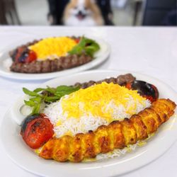 Super Cupertino - Cholo Koobideh: Ground Beef Kebab w/ rice, bbq tomato ($17.99) + Combo Koobideh: Beef & Chicken Kebab w/ rice, bbq tomato ($19.99)