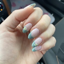 Cute sage green French tip with painted flower