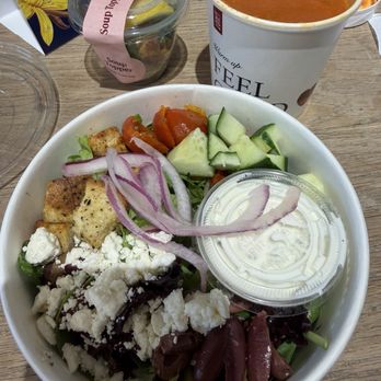 Pret A Manger - Pret's Greek Side Salad with Herb Yogurt Dressing and Tomato & Feta Soup - Sandwiches Near Me - New York, New York
