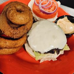 Iezzi's on 3rd - Tavern Classic w onion rings and a side of Iezzis sauce