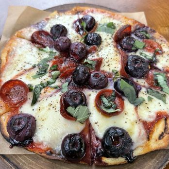 The Blueberry Treehouse Farm - "Sweet Gum" Pizza aka a margherita with cup char pepperoni + their blueberries for a spin. Delicious thin crust. - Pick Your Own Farms Near Me - West Falls, New York