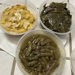 Macaroni and cheese, greens, and string beans Macaroni and cheese, greens, and string beans