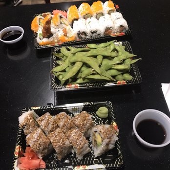 Sushi Express - Three Peat (top), Edamame (middle) Eel & Cali Roll (bottom) - Japanese Near Me - Miami Beach, Florida Sushi Express - Three Peat (top), Edamame (middle) Eel & Cali Roll (bottom) - Japanese Near Me - Miami Beach, Florida