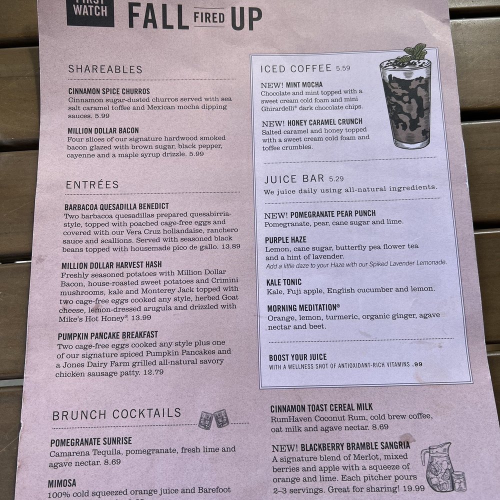 First Watch - Fun brunch cocktails!!!!! Can't wait to try them all (Not all at once of course) - Cafes Near Me - Hampton, Virginia First Watch - Fun brunch cocktails!!!!! Can't wait to try them all (Not all at once of course) - Cafes Near Me - Hampton, Virginia