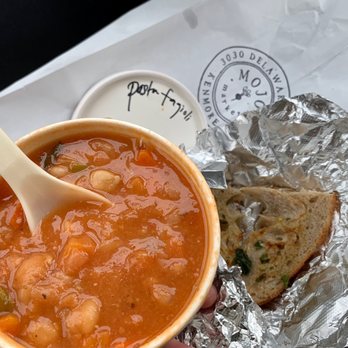 Mojo Market - Chunky soup! The bread is thicker than it looks in the pic. Great portion size! - Cafes Near Me - Kenmore, New York