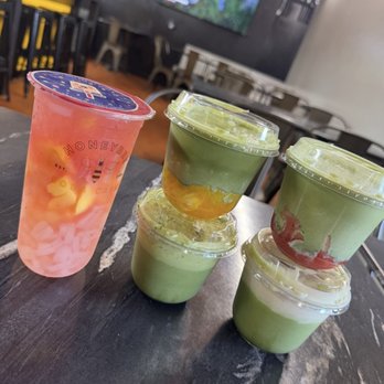 Honeybee Boba Cafe - Matcha flight.. mango matcha, strawberry matcha, regular matcha and coconut cream matcha - Bubble Tea Near Me - Sacramento, California Honeybee Boba Cafe - Matcha flight.. mango matcha, strawberry matcha, regular matcha and coconut cream matcha - Bubble Tea Near Me - Sacramento, California
