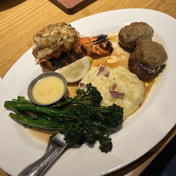 Cooper’s Hawk Winery & Restaurant - Truffle crusted filet medallions, Lobster tail, broccolini, garlic mashed potatoes - New American Near Me - Centerville, Ohio Cooper’s Hawk Winery & Restaurant - Truffle crusted filet medallions, Lobster tail, broccolini, garlic mashed potatoes - New American Near Me - Centerville, Ohio
