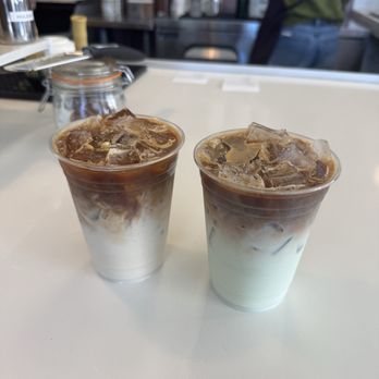 Leaflet Coffee House - jasmine latte (left) pandan latte (right) - Coffee & Tea Near Me - Monterey Park, California
