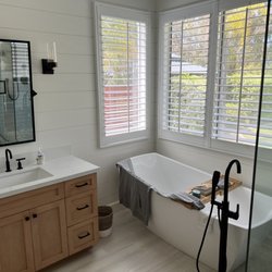 Beach Bungalow Designs - Here's the new bathtub, shiplap walls and great glass shower